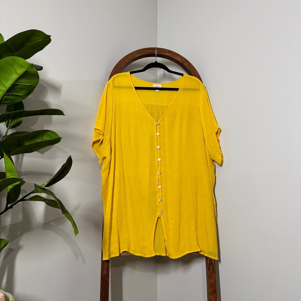 Lularoe 3XL Yellow Crinkle Shannah V Neck Button Down Shirt